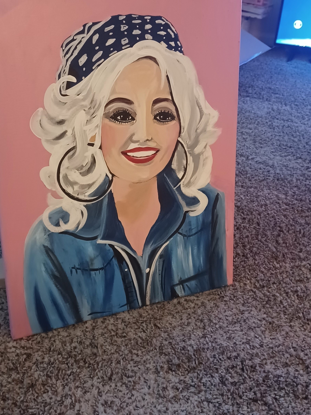 Pink Background Dolly Parton Portrait Painting with Blue Jacket and White Hair - Picture 2 of 4